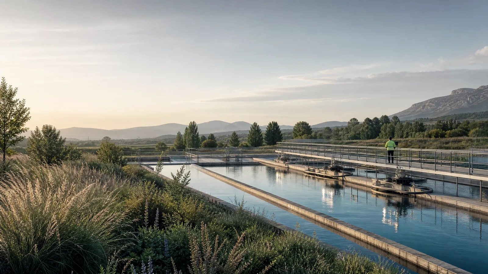Infraestructura de tratamiento de agua integrada en un paisaje verde